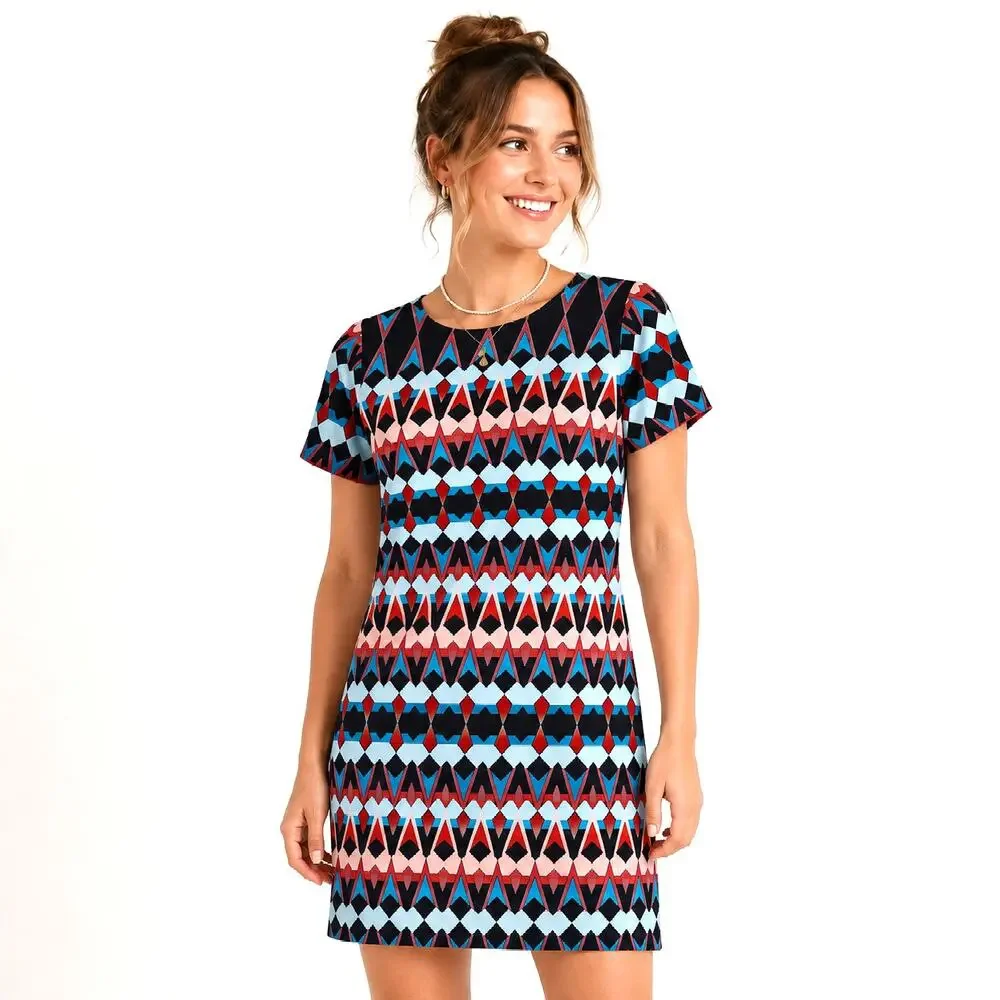 J. Crew Geometric Design Shift Dress Size 0 Blue Pink Lightweight Satin Artsy